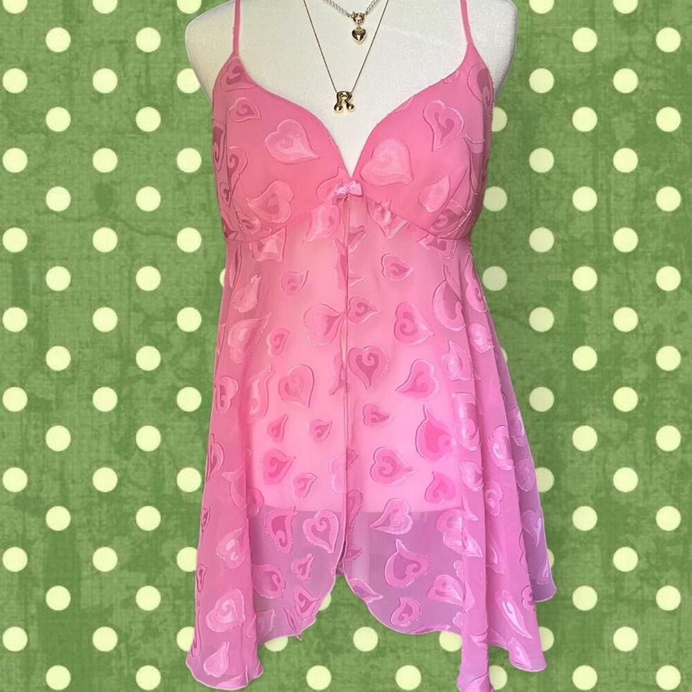 Victorias Secret Sheer Pink Heart Babydoll Slip Dress with Bow Detail
